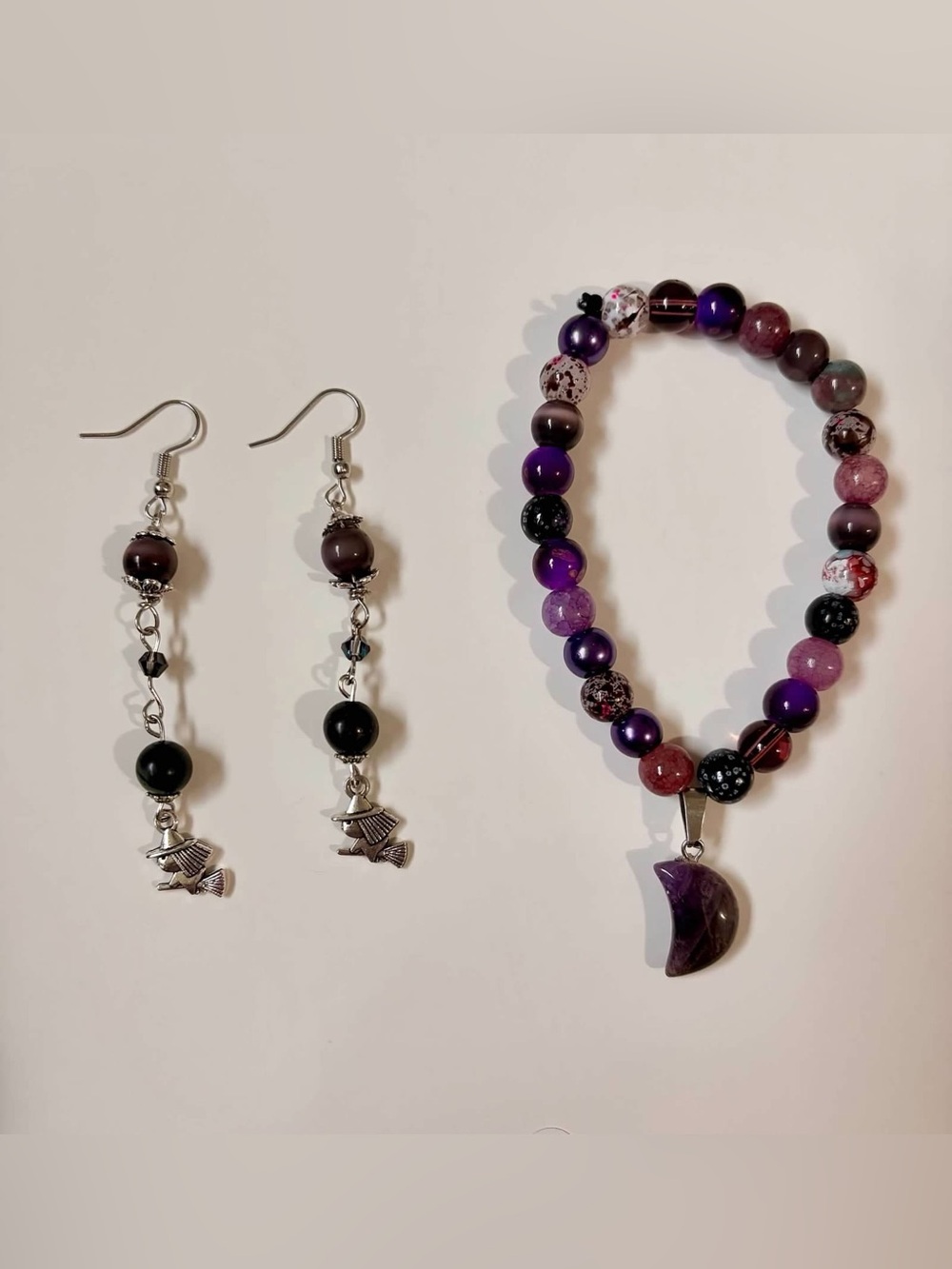 Handmade Purple Witchy Beaded Bracelet & Witch Earrings Set